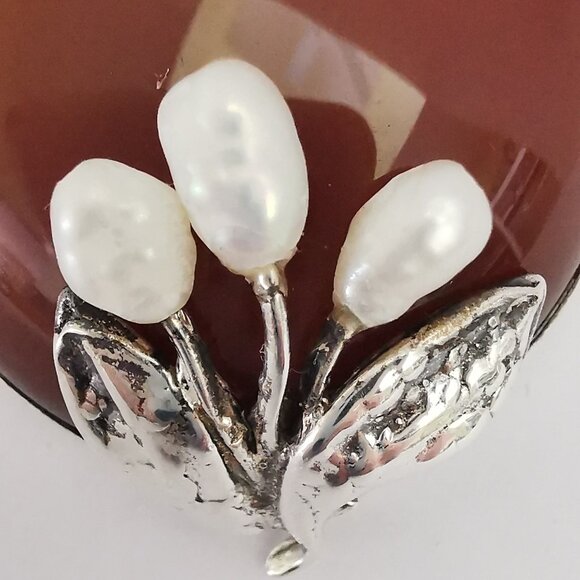 Antique Sterling Silver Signed Carnelian with Pearls Brooch - Picture 10 of 14